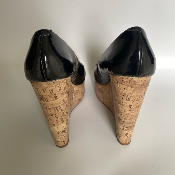 Fredrick’s of Hollywood Black patent leather cork bottom wedges - Picture 3 of 5